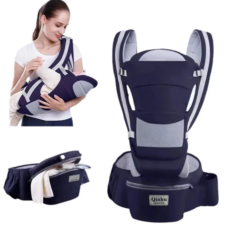 Porte-bébé bleu marine avec son assise rigide, porté et vu seul