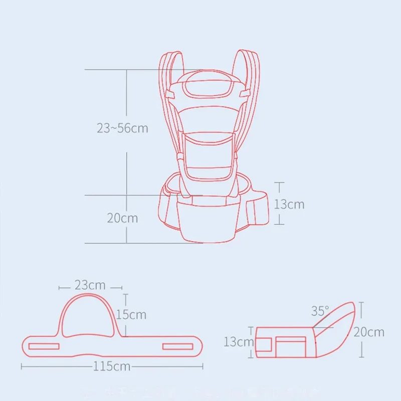 Cotes du porte-bébé : ceinture de 115 cm, assise réglable de 23 à 56 cm