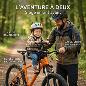Siège vélo enfant avant — accoudoirs et repose-pieds, structure acier