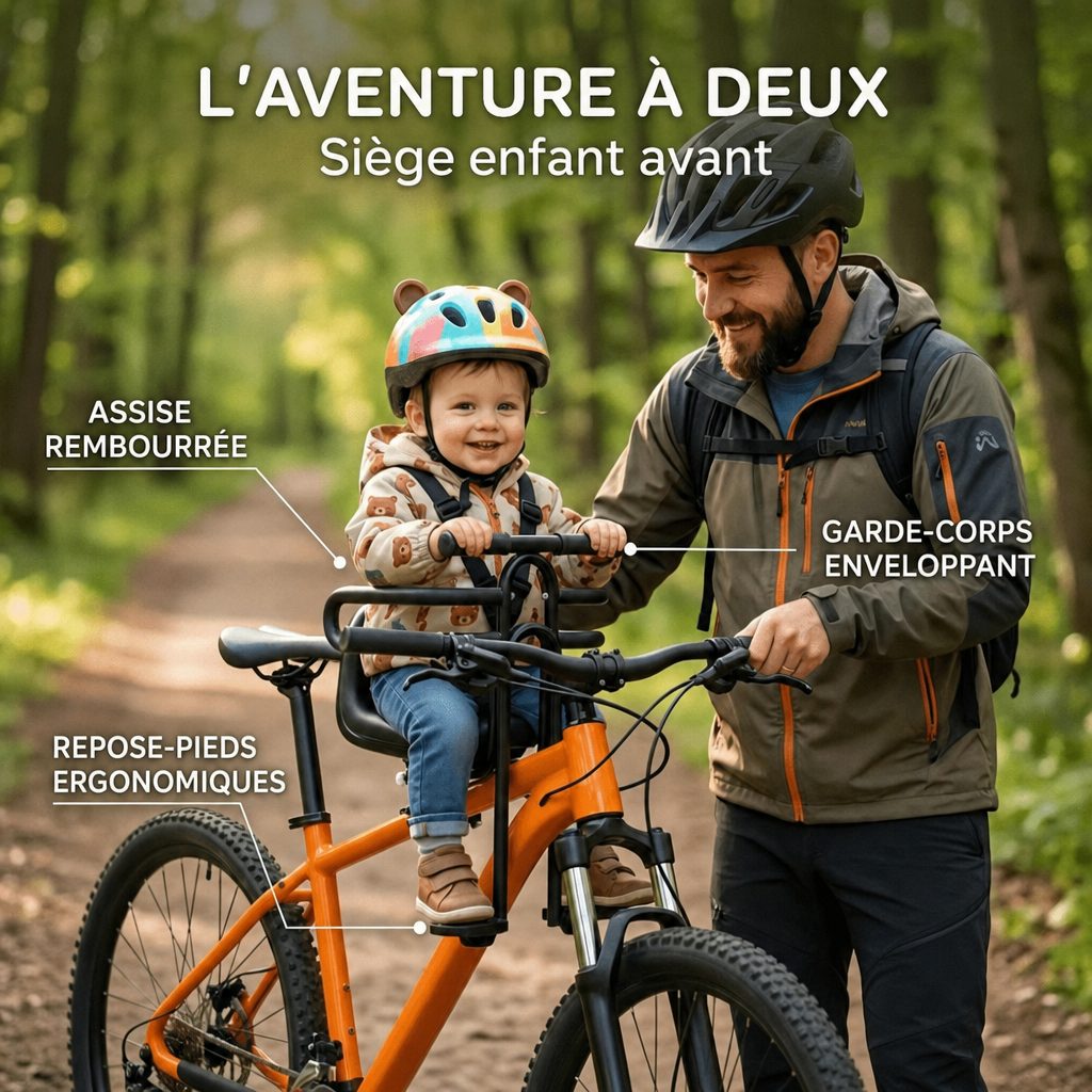 Siège avant installé sur un vélo orange, avec ses équipements légendés